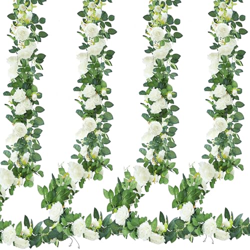 Sggvecsy 4Pcs 31Ft Artificial Rose Vine Fake Flower Garland Floral Garland Faux Silk Hanging Vine Rose Ivy Vines for Weddi...