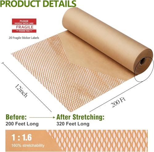 Honeycomb Packing Paper,12 inch x 200 ft Bubble Cushioning Wrap for Packing Moving,Products Gifts Wrapping Paper,Recyclabl...