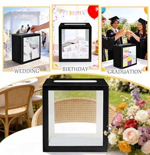 SietDESEO Black Card Box for Party with Clear Window Large Gift Card Box Holder for Wedding Reception Birthday Graduation ...