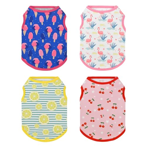 Vehomy 4-Pack Dog Summer Shirt Puppy Cat Summer Cool Sleeveless with Lemon Cherry Icecream Flamingo Patterns Dog Cooling V...