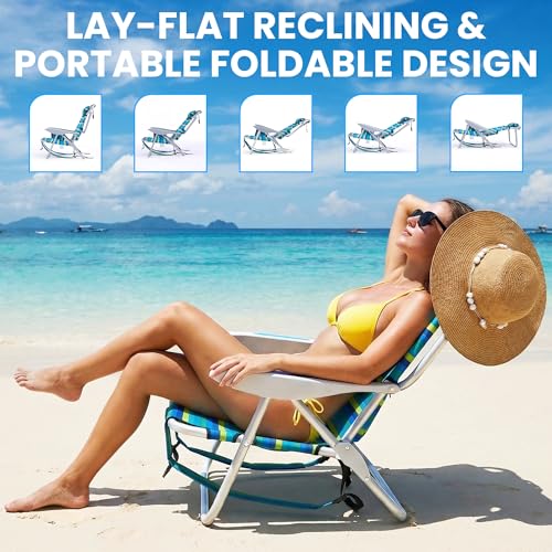 Canpsky 2PCS Portable Beach Chair for Adults, Outdoor Lightweight Camping Chair, 5-Position Lay Flat Reclining Backpack Be...