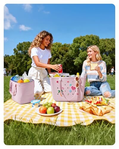 BAGSMART Large Beach Bag for Women with Cooler, Rubber Tote Bag with Charms, Waterproof Vacation Essentials for Swim Pool