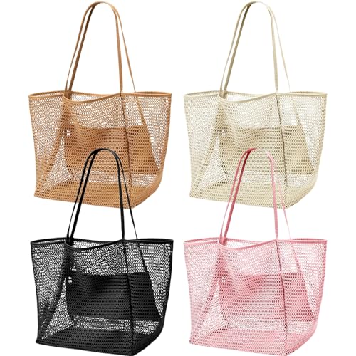 Viwnrxta 4pcs Beach Bags for Women,Nylon Mesh Summer Travel Tote Bag with Large Inner Zipper Pocket