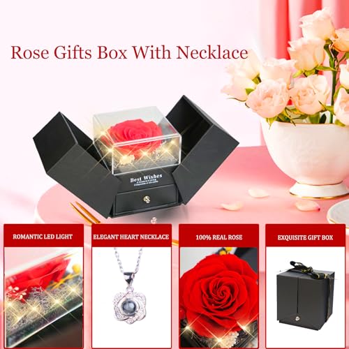 Preserved Red Real Rose Flowers with I Love You Necklace Eternal Flowers Unique Gift for Women Her Mom Wife Girlfriend Gra...