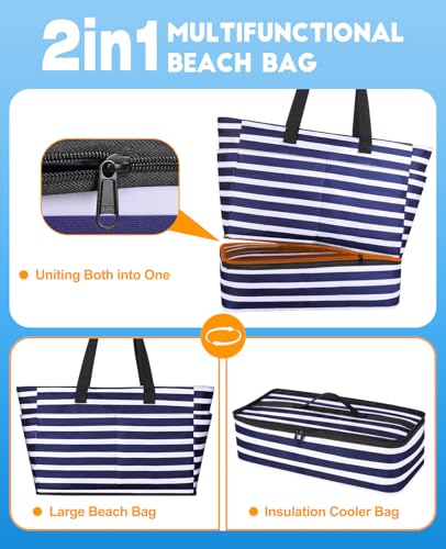 ISEYOU Beach Bag with Cooler, 49L Large Waterproof Sandproof Tote with Zipper, Foldable Travel Bag for Beach, Pool, Picnic