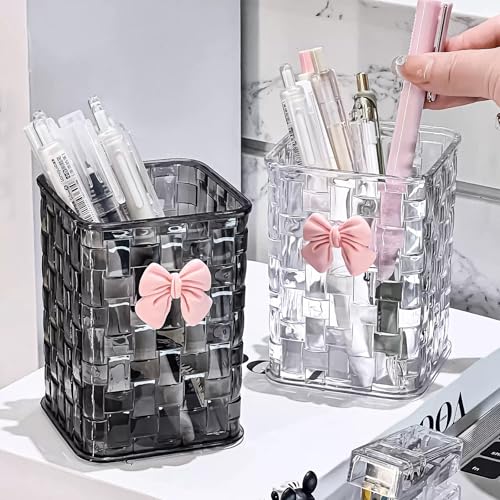 CCREDONE Acrylic Pen Holder for Desk, Clear Pencil Organizer Makeup Brush Cup Holders with Bow Back To School Accessories ...