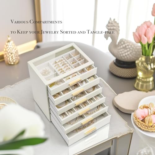 VLANDO 6-Drawer Jewelry Box with Glass Lid, Faux Leather Organizer for Rings Earrings Necklaces and More, Gift-Ready Jewel...