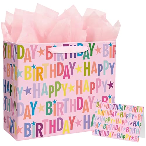 Yusenguan 13" Pink Happy Birthday Gift Bag, Colorful Lettering Design with Card, Tissue Paper and Sturdy Handles for Kids...