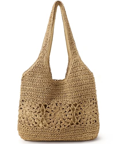 Loiyadn Beach Bag, Straw Beach Bags for Women, Floral Designed Beach Tote Lightweight Foldable Straw Bag