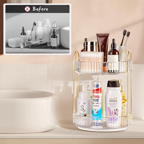 Niluks 360 Rotating Makeup Organizer - Large Capacity Spinning Perfume & Cosmetic Skincare Holder for Countertop (Pearl Wh...