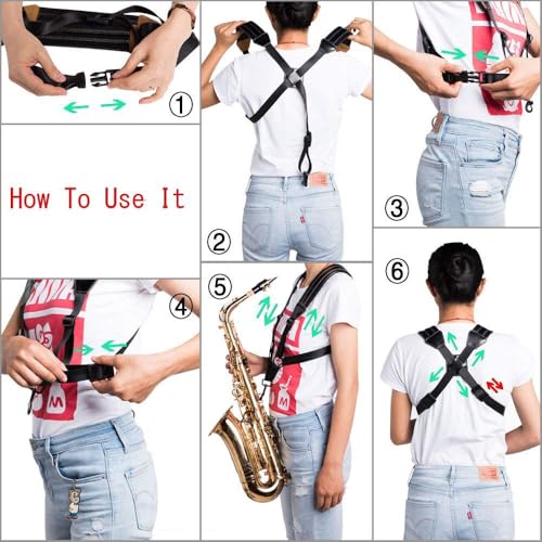 Rayzm Saxophone Strap, Universal Double Shoulder Leather Strap for Sax, Adjustable Padded Harness Strap for Alto Tenor Bar...