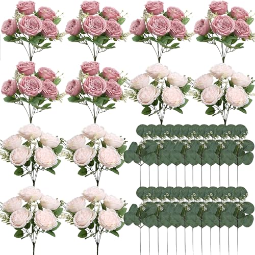 Nagobi Peonies Artificial Flowers Bulk, 12 Bundles Fake Silk Peonies Faux Eucalyptus Bouquet Realistic Peony Floral Arrang...