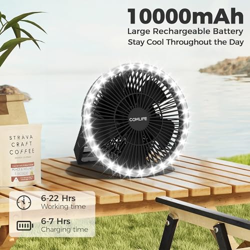 Portable Camping Fan with LED Lantern, 24HRS Running 8inch Rechargeable Tent Fan, Powerful 3-Speed 180° Rotate with Hook, ...