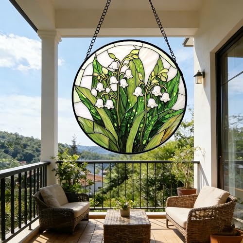 DASTOLL Stained Glass Window Hanging, Lily of the Valley Flower Sun Catchers Colorful Glass Panel Green Plants Suncatcher ...