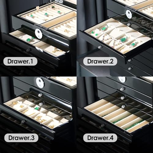 SYENS Wooden Jewelry Box Fingerprint Lockable 9-Layers Extra Large Capacity Jewelry Cabinet for Necklace/Rings/Pendants/Br...