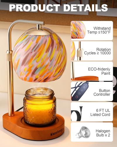 WangshengLe Stained Glass Candle Warmer Lamp with Dimmable 7-Level Brighness, Adjustable Height with 2/4/8H Timer, Home De...