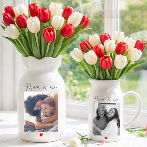 GABITA Personalized Ceramic Flower Vase Gift for Mom Grandma, Custom from Grandkids, Mom & Me - Custom Photo Floral Vase f...