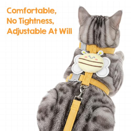 Cat Collar and Leash Set, Yellow Bee Pattern,Escape Proof Adjustable Kitten Harness, Soft Breathable Mesh for Small Cats, ...