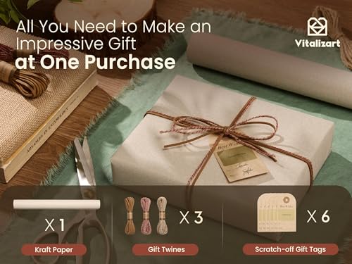Vitalizart Textured Wrapping Paper Set 17" Roll Twine Ribbons & Tags Extra Thick All-in-One Neutral Beige Kraft Christmas ...