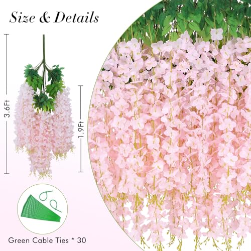 Waipfaru 12 Pack Hanging Wisteria Flowers, 3.6 Feet Light Pink Artificial Flowers, Fake Wisteria Vines for Bedroom Wedding...