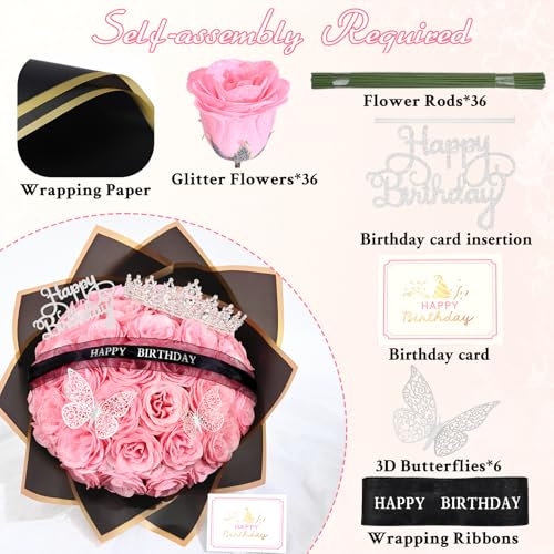 Waipfaru Glitter Roses Bouquet,Birthday Gifts for Women Mom,DIY Fake Flowers Bouquet with Birthday Stand-Up Signs,36 Pink ...