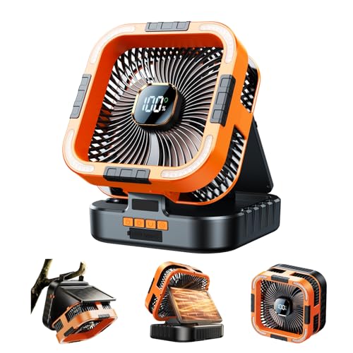 KIMMOO Solar Camping Fan with Light-10000mAh Rechargeable Portable, 6 Speeds, Digital Display, Timer, 120° Oscillation, Co...