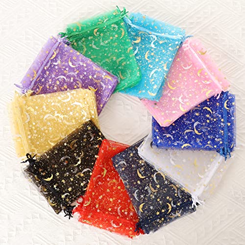 100PCS Moon Star Organza Bags, 4x6" Wedding Favors Bags with Drawstring, Mixed Color Little Mesh Candy Gift Pouches for Pa...