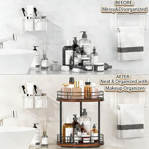 Bathroom Organizer Countertop,2 Tier Rotating Makeup Organizer Countertop for Vanity,Wooden Bathroom Counter Storage Shel...