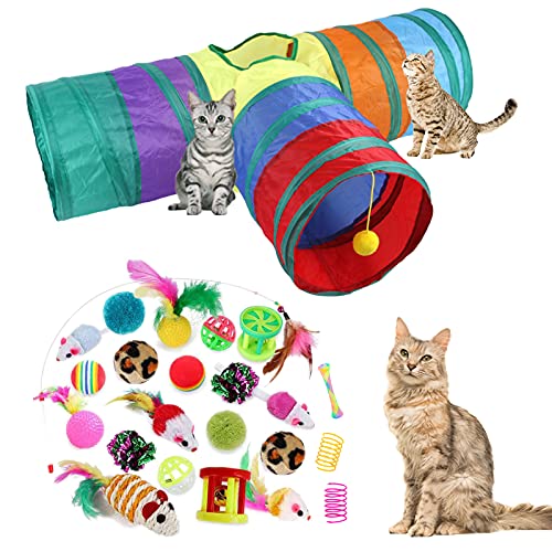 32Pcs Cat Toys Kitten Interactive Pet Toys Assortments, Foldable Rainbow Tunnel, Teaser Wand Fluffy Mouse Crinkle Balls Be...