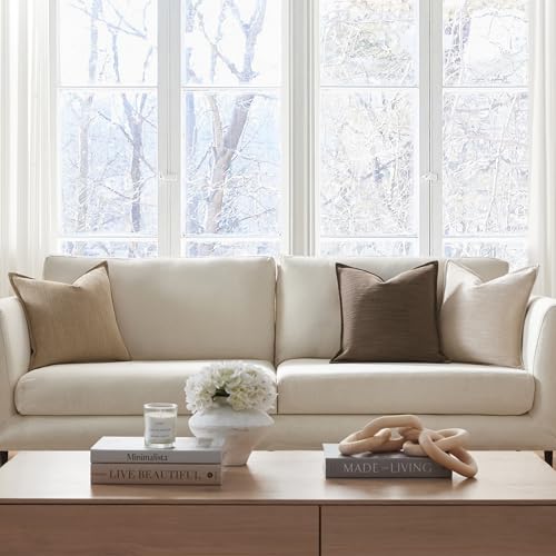 Meekio Set of 2 Linen Beige Pillow Covers 18x18, Linen Look Throw Pillow Covers with Flange Edge for Sofa Couch Living Décor