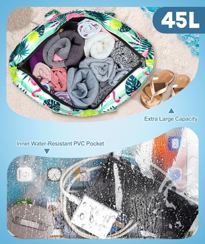 ISEYOU Extra Large Beach Bag Waterproof Beach Totes Bags for Women, Lightweight Foldable Pool Bag with Zipper Wet Compartment