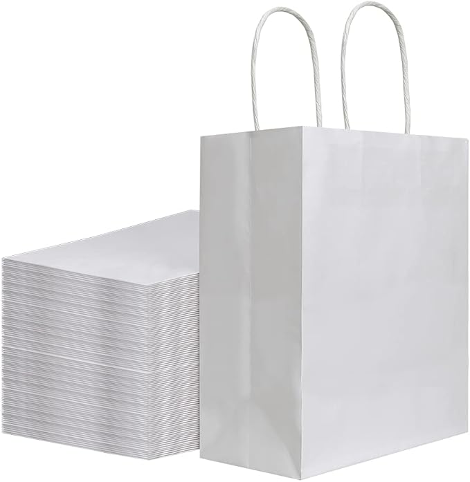 bagmad 100Pcs Pack 8x4.75x10 inch Medium White Kraft Paper Bags with Handles Bulk, Gift Bags, Craft Grocery Shopping Retai...