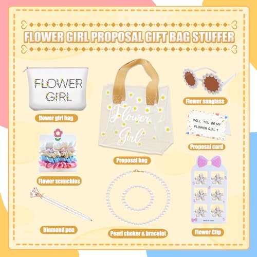 28Pcs Flower Girl Proposal Gift Set - 2 Bags Including Round Flower Sunglasses, Canvas Bag, Pearl Necklace, Bracelet, Hair...