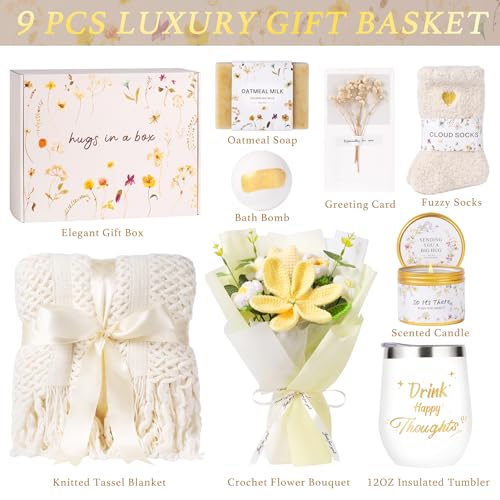 Mothers Day Birthday Gifts for Women Self Care Get Well Soon Gift Baskets for Women w/Crochet Flower Bouquet Tassel Blanke...