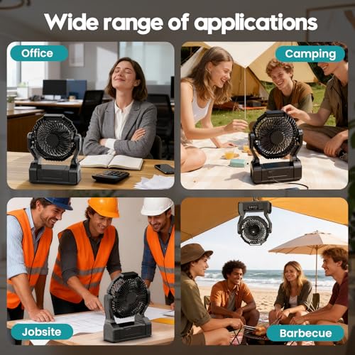 Fentara Camping Fan with 64H Runtime, Rechargeable Battery Powered Portable Fan with LED Light, Quiet Travel Tent Fan for ...