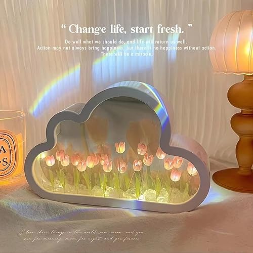 Yckeogln DIY Cloud Tulip Mirror Night Light, Simulation Flower Bedroom Cloud Tulip Table Lamp, Creative Home Decoration, R...