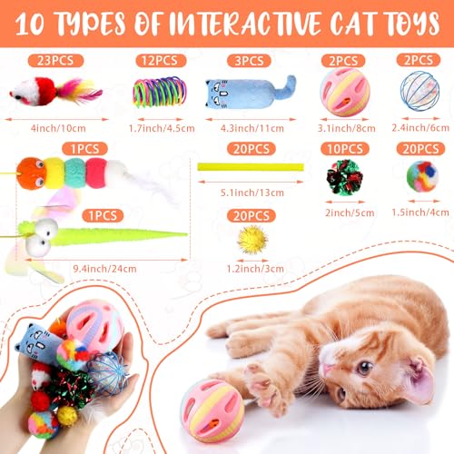 Shappy 150 Pcs Cat Toys for Indoor Cats Bulk, Kitten Toys Pack, Variety Interactive Gift Including Mice Rainbow Balls Spri...
