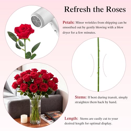Yimomoyi Fake Red Roses Set, 50 PCS Artificial Flowers Bulk, Realistic Silk Faux Rose with Stems, for Wedding Decoration, ...