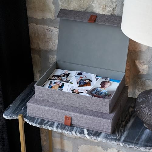 Decorative Photo Storage Boxes with Lids - Set of 2 Beautiful Linen Organizers Are Perfect to Safely Store Your Pictures, ...