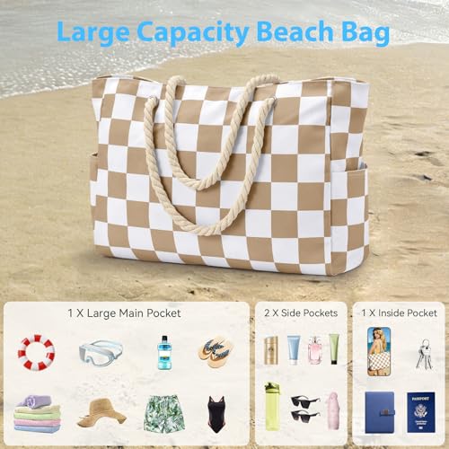 Becokan Beach Bags for Women Checkered Large Beach Tote Bag Zipper Beach Bags Waterproof Sandproof Canvas Swim Pool Bag