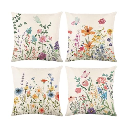 ONFAON Spring Summer Pillow Covers 20x20 Set of 4,Floral Seasonal Summer Outdoor Decoration Pillowcase Linen Cushion Cover...