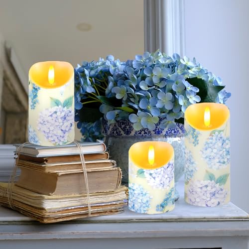Ouvibor 3 Pcs Hydrangea Flameless Candles Wedding Table Centerpiece Chinoiserie Candles Hydrangea Floral Printed Faux Cand...