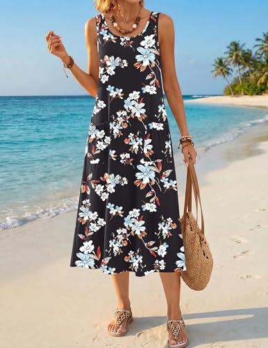 Zeagoo Womens Summer Midi Dresses 2026 Casual Sleeveless Tank Sundresses A Line Crewneck Beach Vacation Dress with Pockets