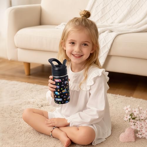 14 Oz Kids Water Bottle, Stainless Steel Water Bottle with Straws, Leak-Proof, BPA-Free, Insulated Water Bottles for Schoo...