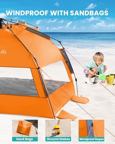 OutdoorMaster Beach Tent Sun Shelter for 3-4 Person, Pop Up Beach Tent Easy Setup with Sandbags, Portable Sun Shade Canopy...