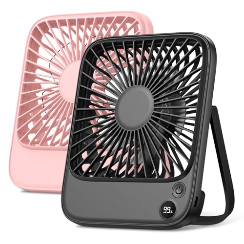 TOPK 2 Pack 5000mAh Portable Desk Fan, Ultra-Thin Rechargeable Battery Operated Fan with Digital Display, Quiet 4-Speed Sm...