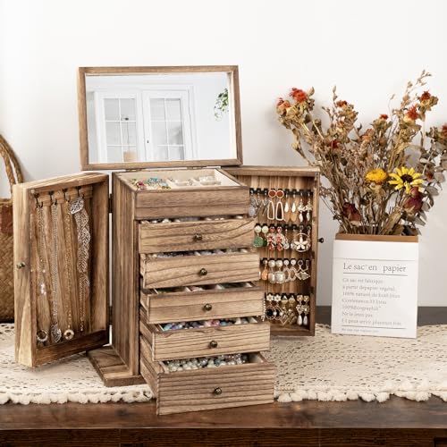 Emfogo Wooden Jewelry Box for Women, 6-Tier Large Jewelry Organizer Boxes with Mirror Rustic Solid Wood jewlery Storage Di...