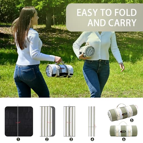 HX&OD Outdoor Picnic Blanket Extra Large, 80''*60'' Waterproof Picnic Mat with Stakes Foldable Camping Blanket Portable wi...