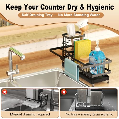 GUUKAR Sponge Holder for Kitchen Sink, Self-draining Sink Organizer with Towel Rack and Brush Holder, Metal Kitchen Sink O...
