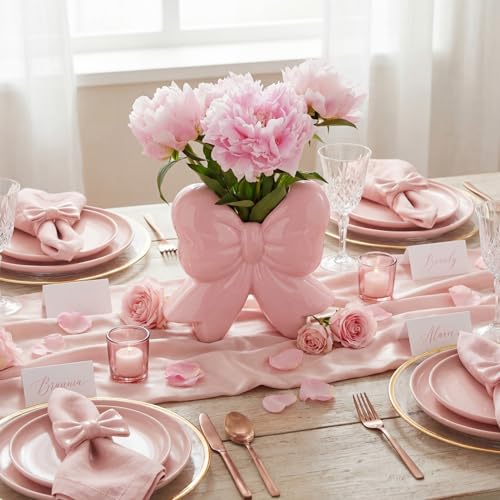 Jingmore Pink Bow Vase Coquette Ceramic Vase Pen Holder Makeup Brush Holder Contemporary Design Women Decorative Gift for ...